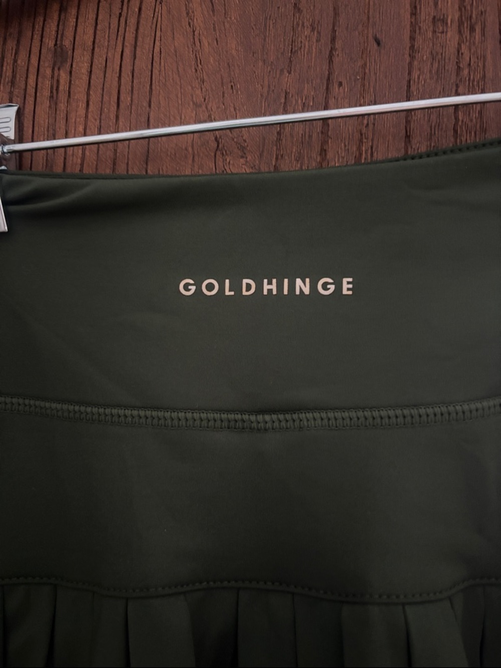 Gold Hinge Pleated Green Mini Skirt with Wide Waistband - Picture 2 of 6